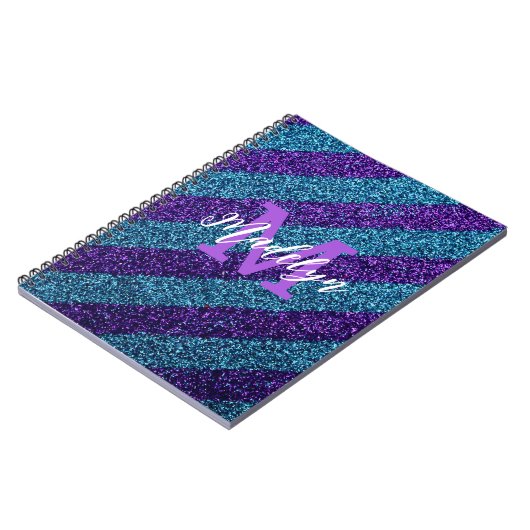 Elegant Blue &Purple Glitter Monogram Name  ノートブック (左側)