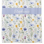 Elegant Blue Purple Watercolor Wildflower シャワーカーテン (正面)