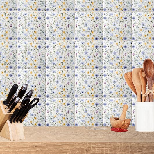 Elegant Blue Purple Watercolor Wildflower  タイル