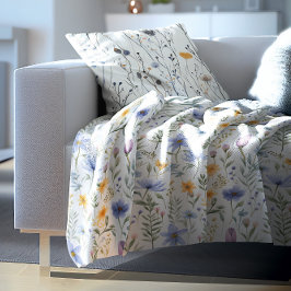 Elegant Blue Purple Watercolor Wildflower フリースブランケット