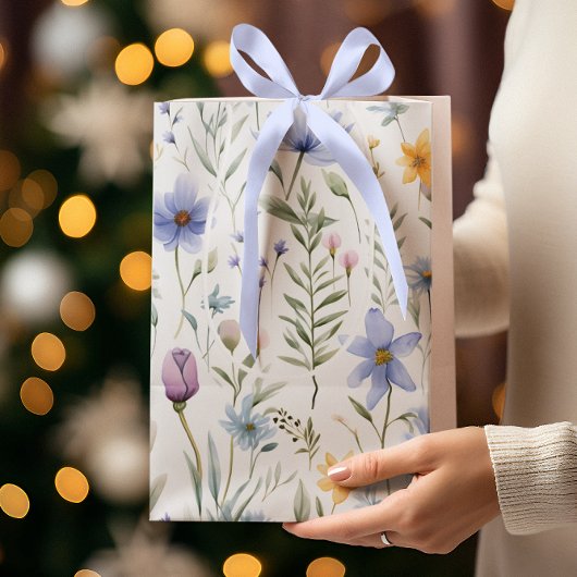 Elegant Blue Purple Watercolor Wildflower  ミディアムペーパーバッグ