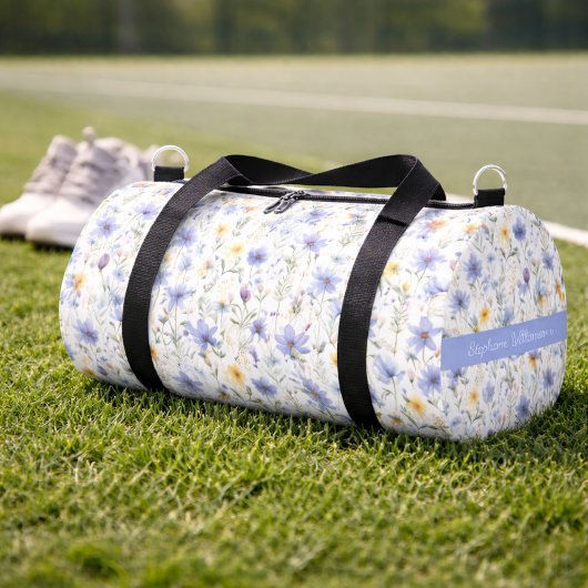 Elegant Blue Purple Wildflower Watercolor Name ダッフルバッグ
