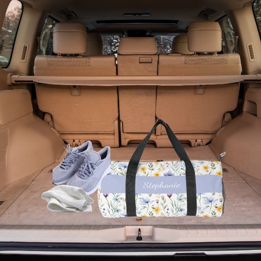 Elegant Blue Purple Wildflower Watercolor Name ダッフルバッグ