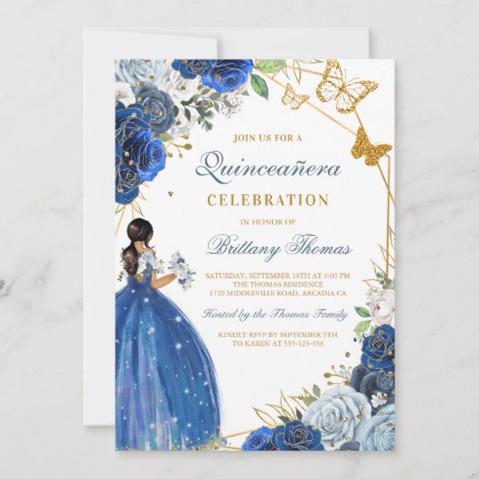 Elegant Blue Quinceañera Invitation 招待状 (正面)