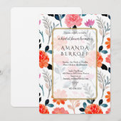 Elegant Blue & Red Flowers Bridal Shower 招待状 (正面/裏面)