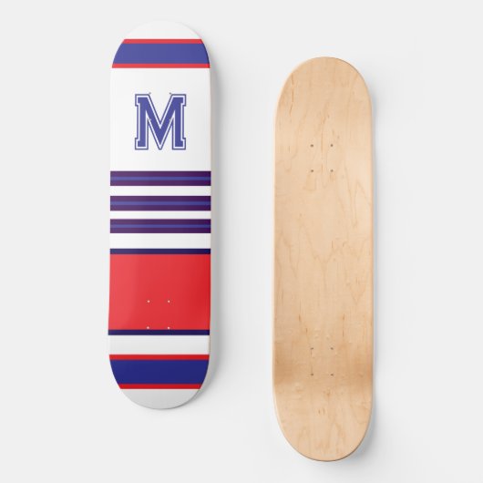 Elegant blue red white stripes monogram skateboard スケートボード (正面)