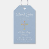 Elegant Blue Religious Cross Boy First Communion ギフトタグ (正面)