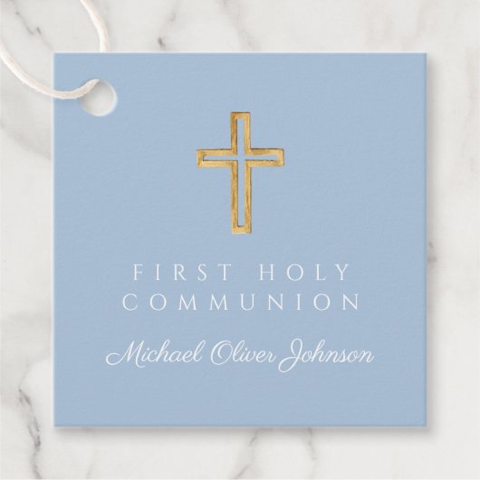 Elegant Blue Religious Cross Boy First Communion フェイバータグ (正面)