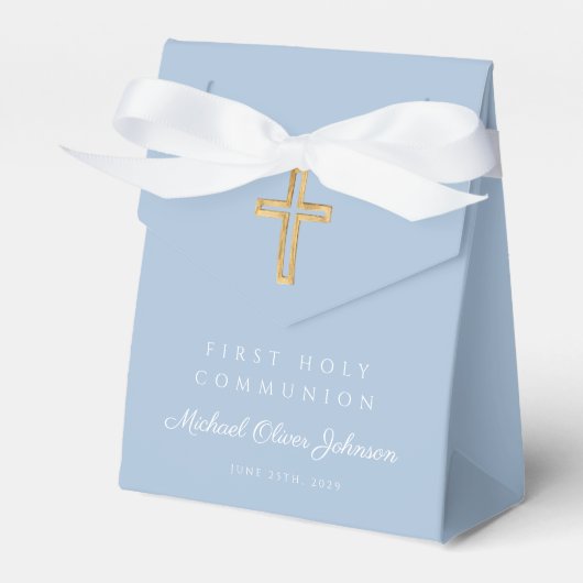 Elegant Blue Religious Cross Boy First Communion フェイバーボックス (正面サイド)