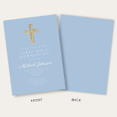 Elegant Blue Religious Cross Boy First Communion 招待状