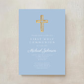 Elegant Blue Religious Cross Boy First Communion 招待状