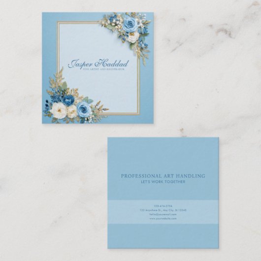 Elegant Blue Rose Floral Gold Frame Modern Powder スクエア名刺 (正面/裏面)
