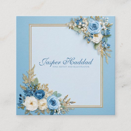Elegant Blue Rose Floral Gold Frame Modern Powder スクエア名刺 (正面)