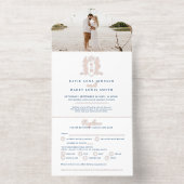 Elegant blue & rose gold monogrammed wedding foil オールインワン招待状 (内側)