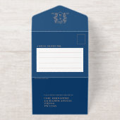 Elegant blue & rose gold monogrammed wedding foil オールインワン招待状 (外側)