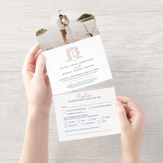 Elegant blue & rose gold monogrammed wedding foil オールインワン招待状 (切り取り部)