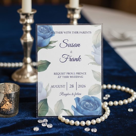 Elegant Blue Rose Watercolor Floral Wedding アクリル招待状