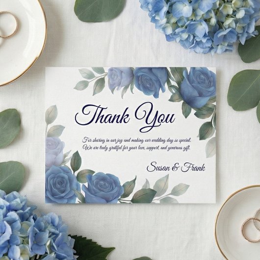 Elegant Blue Rose Watercolor Floral Wedding サンキューカード