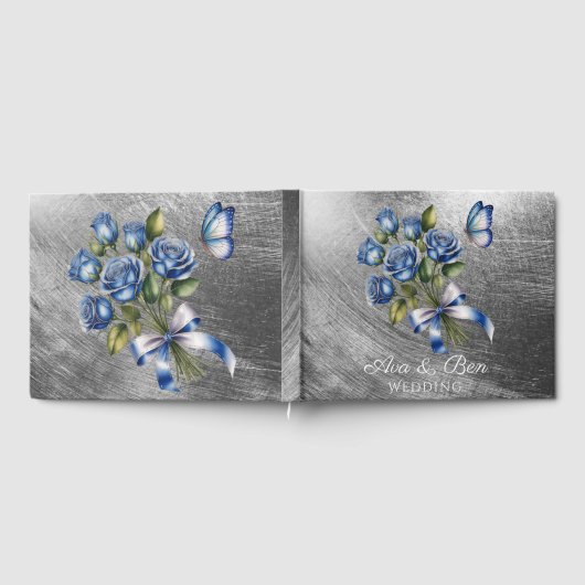 Elegant Blue Roses and Butterfly Silver Wedding ゲストブック (全面)