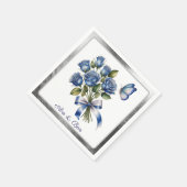 Elegant Blue Roses and Butterfly Silver Wedding スタンダードカクテルナプキン (角)
