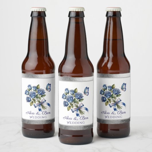 Elegant Blue Roses and Butterfly Silver Wedding ビールラベル (ボトル)