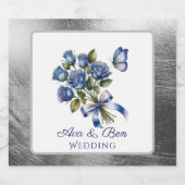 Elegant Blue Roses and Butterfly Silver Wedding ビールラベル (シングルラベル)