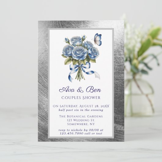 Elegant Blue Roses Butterfly Silver Couples Shower 招待状 (スタンド正面)