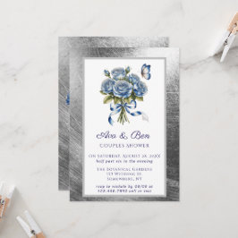 Elegant Blue Roses Butterfly Silver Couples Shower 招待状