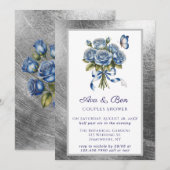 Elegant Blue Roses Butterfly Silver Couples Shower 招待状 (正面/裏面)