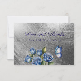Elegant Blue Roses Butterfly Silver Wedding サンキューカード