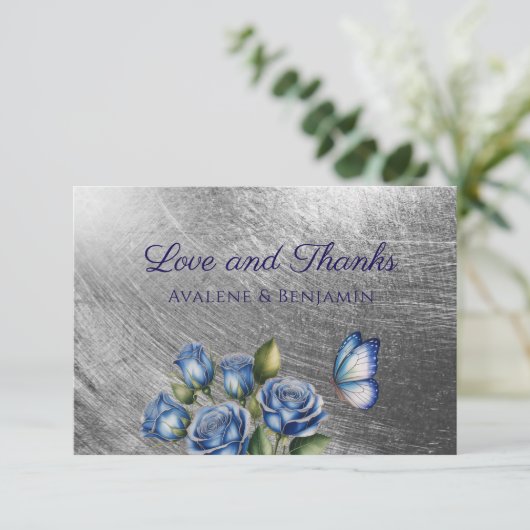 Elegant Blue Roses Butterfly Silver Wedding サンキューカード (スタンド正面)