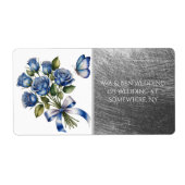 Elegant Blue Roses & Butterfly Silver Wedding ラベル (正面)