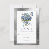 Elegant Blue Roses Butterfly Silver Wedding 出欠カード (正面)