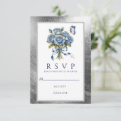 Elegant Blue Roses Butterfly Silver Wedding 出欠カード (スタンド正面)