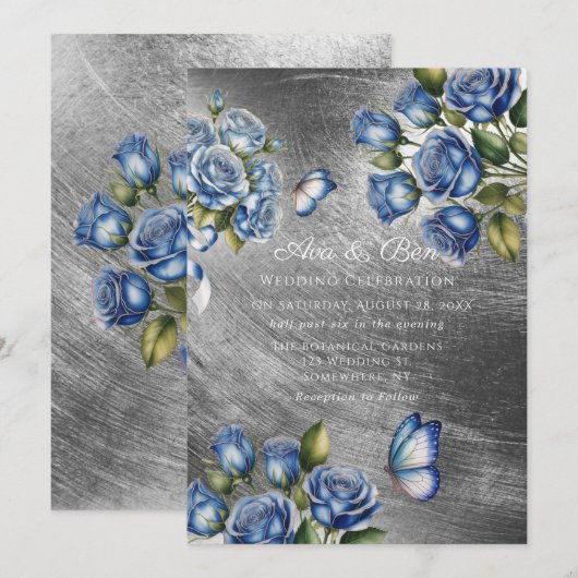 Elegant Blue Roses Butterfly Silver Wedding 招待状 (正面/裏面)