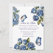 Elegant Blue Roses Butterfly Silver Wedding 招待状 (正面)