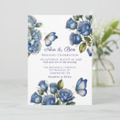 Elegant Blue Roses Butterfly Silver Wedding 招待状 (スタンド正面)