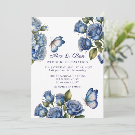 Elegant Blue Roses Butterfly Silver Wedding 招待状 (スタンド正面)