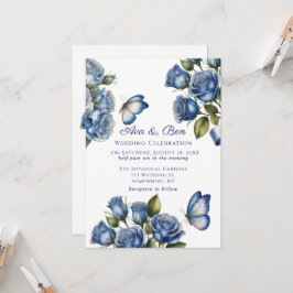 Elegant Blue Roses Butterfly Silver Wedding 招待状