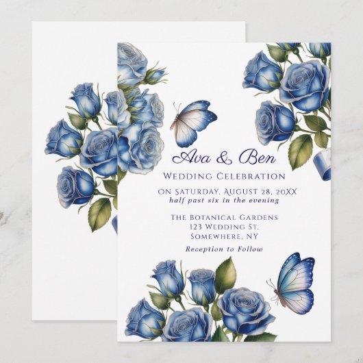 Elegant Blue Roses Butterfly Silver Wedding 招待状 (正面/裏面)