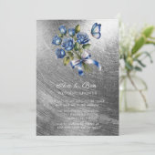 Elegant Blue Roses Butterfly Silver Wedding Shower 招待状 (スタンド正面)