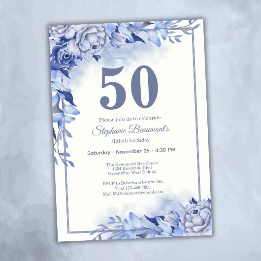 Elegant Blue Roses Floral Women's 50th Birthday  招待状