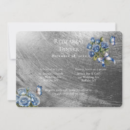 Elegant Blue Roses Silver Rehearsal Dinner 招待状