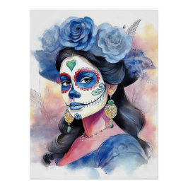 Elegant Blue Roses Watercolor Day of the Dead ポスター