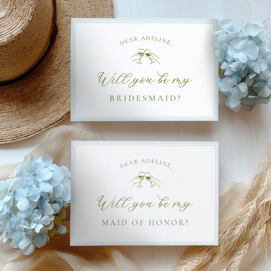Elegant Blue & Sage Bridesmaid Proposal Card 招待状