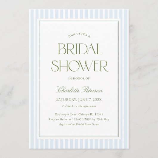 Elegant Blue & Sage Striped Bridal Shower 招待状 (正面)