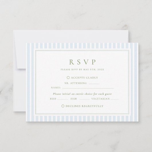 Elegant Blue & Sage Striped Wedding 出欠カード (正面)