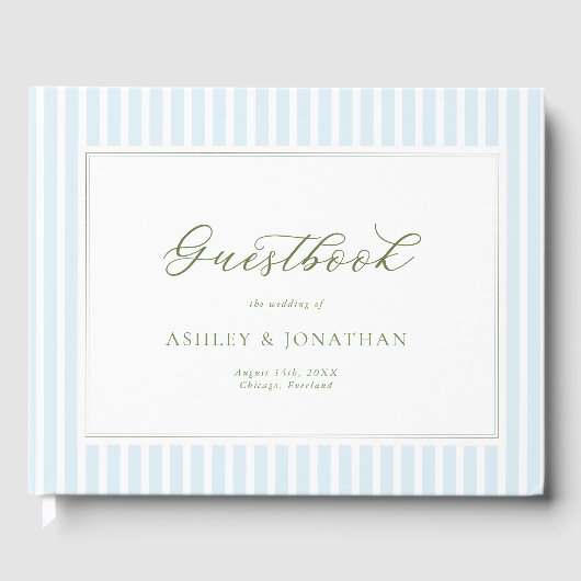 Elegant Blue & Sage Striped Wedding Invitation ゲストブック (正面)
