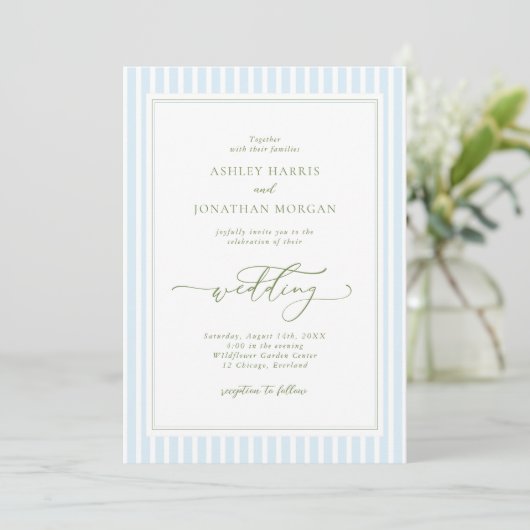 Elegant Blue & Sage Striped Wedding Invitation 招待状 (スタンド正面)