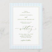 Elegant Blue & Sage Striped Wedding Invitation 招待状 (正面)